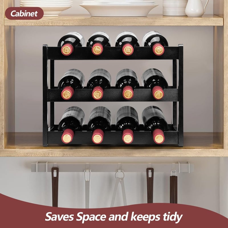 Homevany Bamboo Wine Rack, Sturdy and Durable Wine Storage Cabinet Shelf, Wine Racks Countertop for Pantry - 3 Tiers 12 Bottle Wine Rack, Black - Image 2